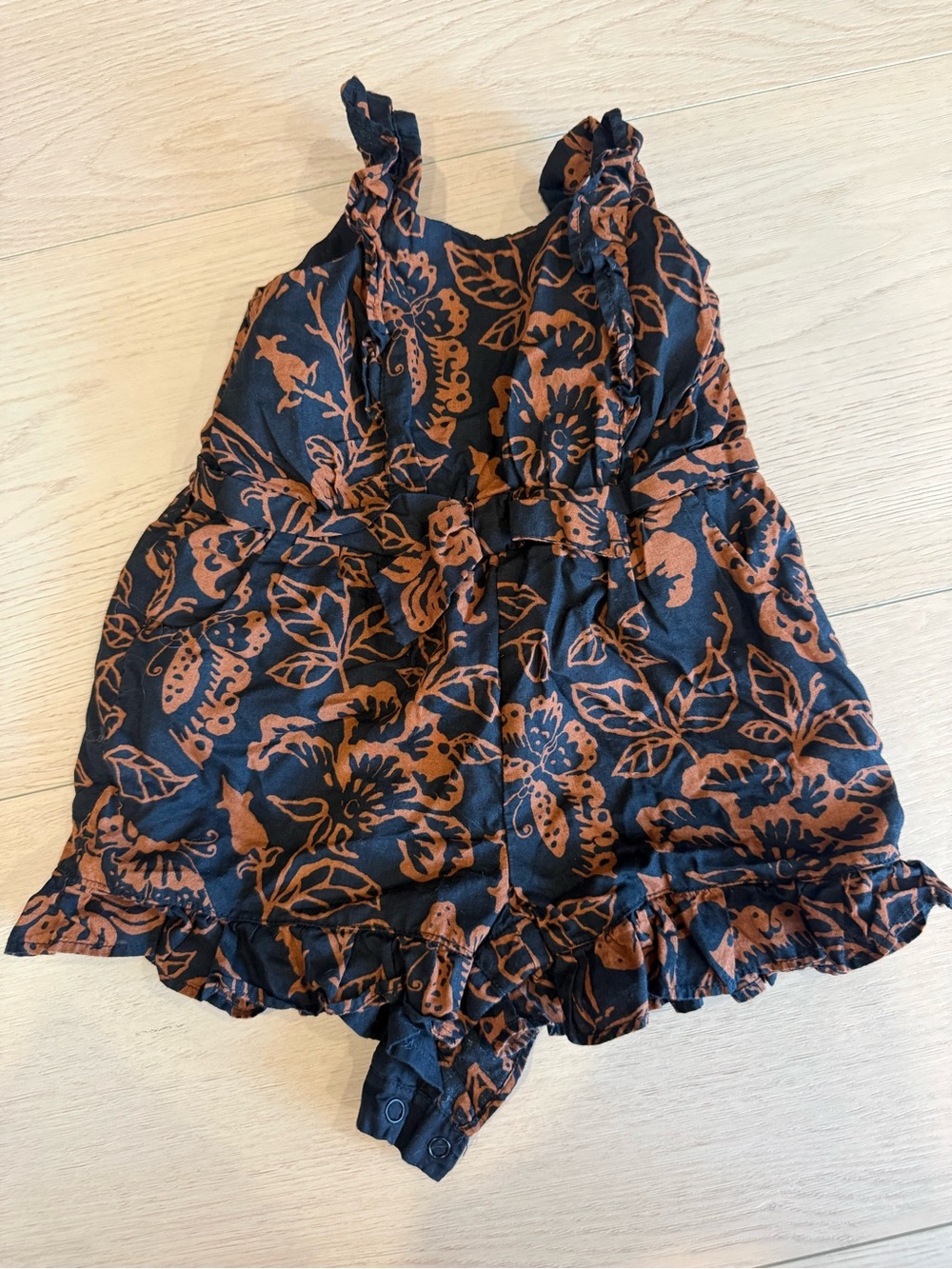 Janie and Jack Black and Rust Floral Romper with Ruffle Straps | 6-12 months